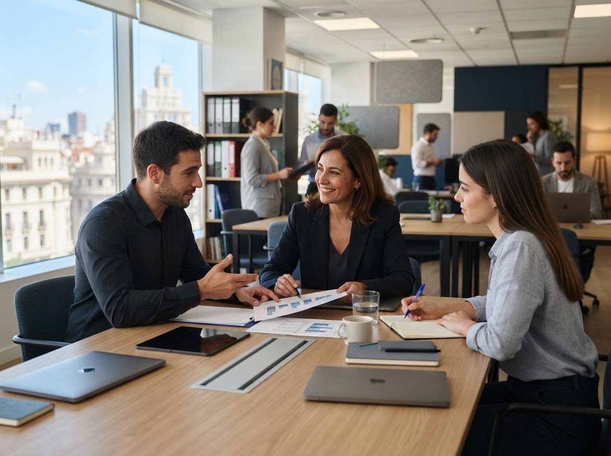 Lince Fondivo: equipo revisando indicadores de riesgo en un entorno de trabajo profesional